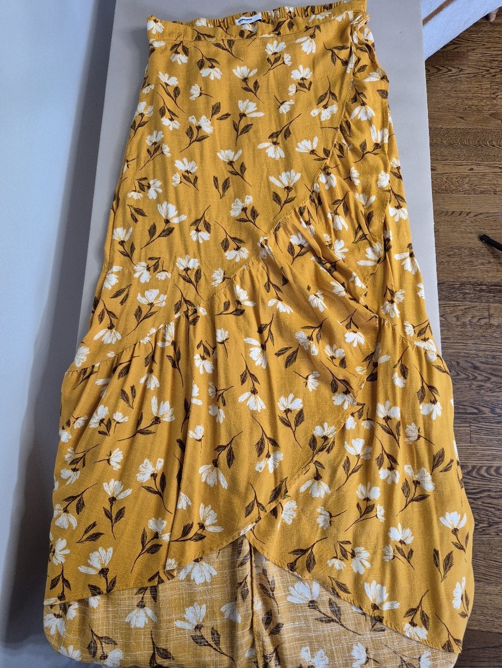 Sonoma Mustard Floral Wrap Maxi Skirt Small Slit Ruffle Hem Boho Flowy - Picture 2 of 7